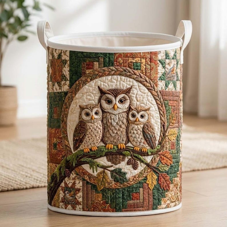 Owl Family Quilted Laundry Basket: Forest Bird Storage Bin, Patchwork Clothes Hamper