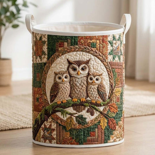 Owl Family Quilted Laundry Basket: Forest Bird Storage Bin, Patchwork Clothes Hamper