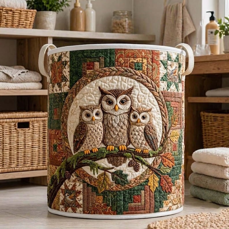 Owl Family Quilted Laundry Basket: Forest Bird Storage Bin, Patchwork Clothes Hamper