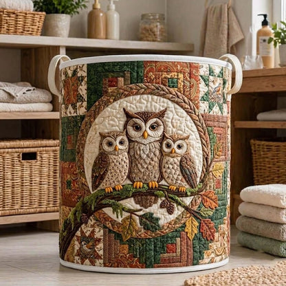 Owl Family Quilted Laundry Basket: Forest Bird Storage Bin, Patchwork Clothes Hamper