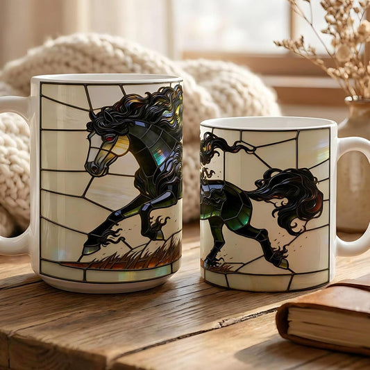 Stained Glass Horse Mug, Black Horse Coffee Mug, Horse Lover Gift, Equestrian Mug, Friesian Horse Gift, Horse Girl Gift, Unique Horse Mug