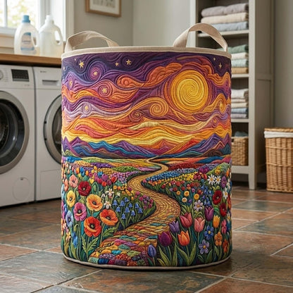 Flowers Path Quilted Laundry Basket: Starry Night Sun Fabric Hamper, Gift For Mom
