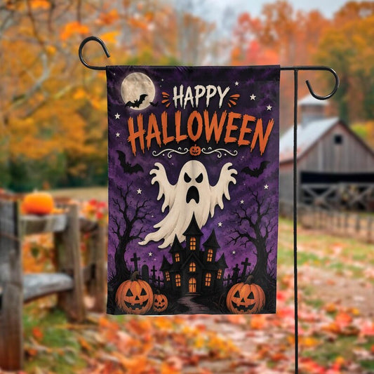 Happy Halloween Ghost Pumpkin Garden Flag, Spooky Haunted House Yard Decor