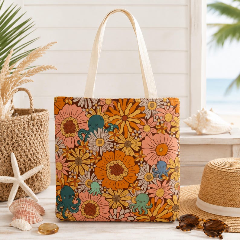 Octopus Floral Tote Bag, Coastal Market Bag, Beach Tote for Women, Ocean Lover Gift, Cottagecore Tote, Boho Beach Bag, Nautical Shopping