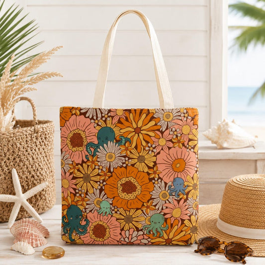Octopus Floral Tote Bag, Coastal Market Bag, Beach Tote for Women, Ocean Lover Gift, Cottagecore Tote, Boho Beach Bag, Nautical Shopping