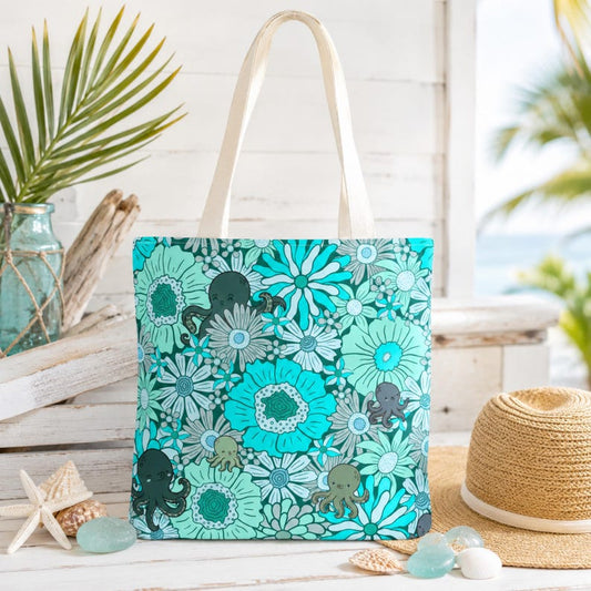 Octopus Floral Tote Bag, Coastal Beach Tote, Cute Ocean Market Bag, Sea Life Shopping Bag, Nautical Gift for Women, Aqua Floral Tote