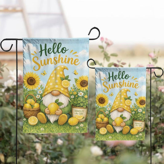 Hello Sunshine Garden Flag, Lemon Gnome Decor, Summer Citrus Yard Banner