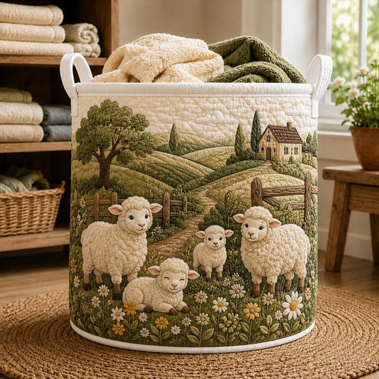 Sheep Meadow Quilted Laundry Basket, Farmhouse Storage Bin, Countryside Animal Hamper