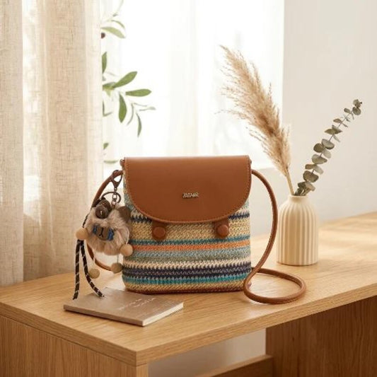 Woven Crossbody Bag, Straw Summer Purse, Boho Shoulder Bag, Vegan Leather Trim