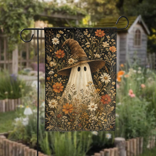 Floral Ghost Witch Halloween Garden Flag, Cottagecore Spooky Autumn Yard Decor