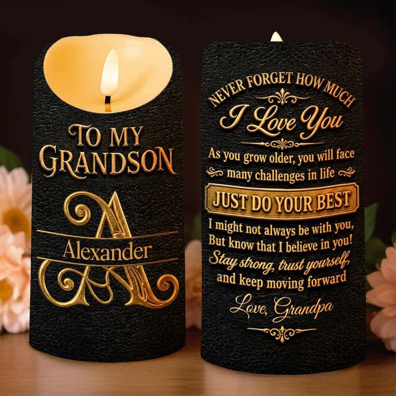 Personalized To My Grandson Never Forget How Much I Love You LED Candle, Black Gold Keepsake Gift From Grandpa, Inspirational Love Candle