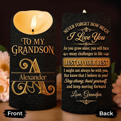 Personalized To My Grandson Never Forget How Much I Love You LED Candle, Black Gold Keepsake Gift From Grandpa, Inspirational Love Candle