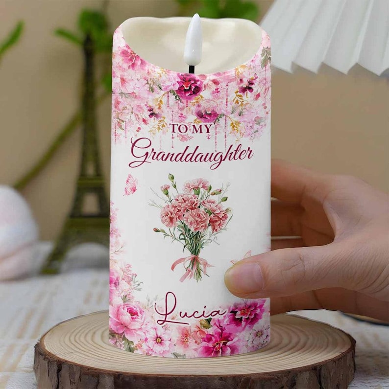 To My Granddaughter LED Candle, Custom Name Floral Keepsake Gift From Grandma, Religious Love Candle For Her, Birthday Gift