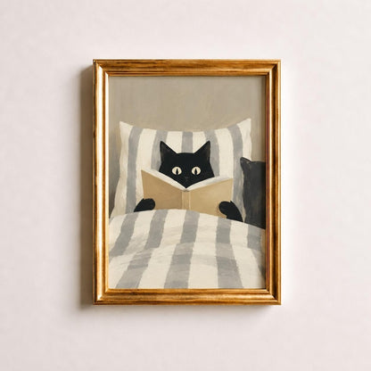 Black Cat Reading Book in Bed Wall Art Print, Cozy Morning Illustration with Striped Pillow and Soft Sunlight