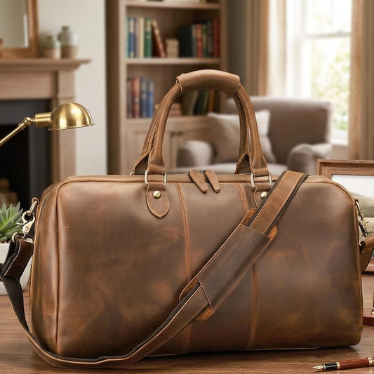 Leather Duffle Bag Men Personalized Weekender Travel Bag Crazy Horse Cowhide Overnight Carry On Fits 16 Inch Laptop Monogram Gift for Him