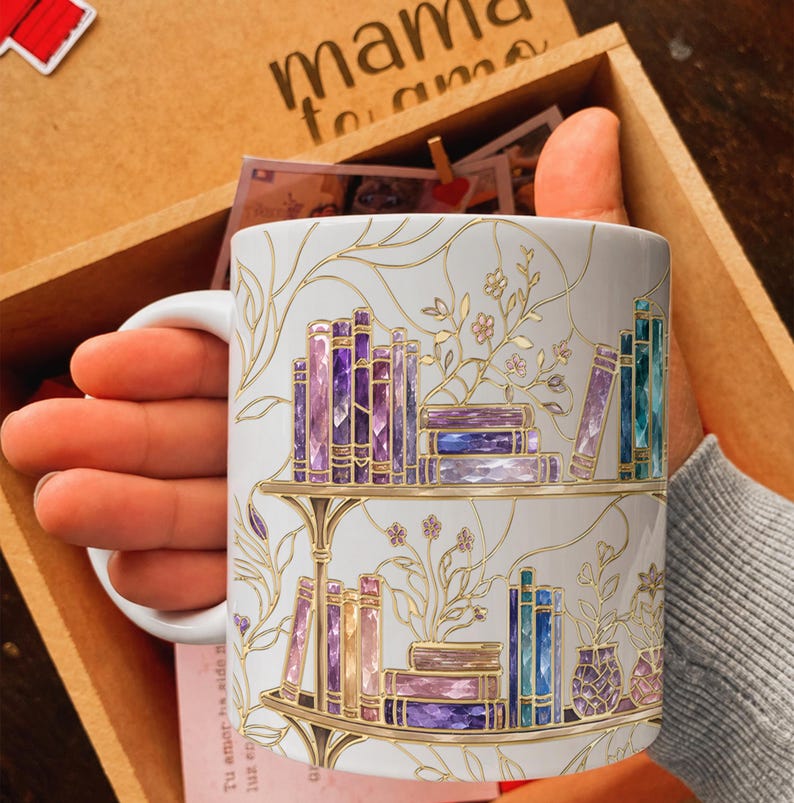 Stained-Glass Style Floral Bookshelf Coffee Mug, Book Lover Mug Gift, Bookish Coffee Mug, Stained Glass Gift, Library Cup