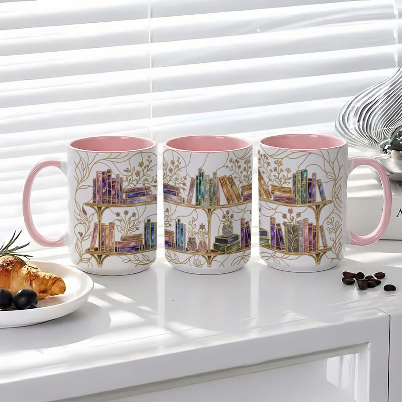 Stained-Glass Style Floral Bookshelf Coffee Mug, Book Lover Mug Gift, Bookish Coffee Mug, Stained Glass Gift, Library Cup