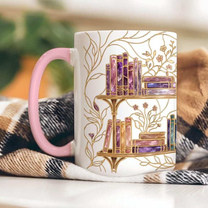 Stained-Glass Style Floral Bookshelf Coffee Mug, Book Lover Mug Gift, Bookish Coffee Mug, Stained Glass Gift, Library Cup