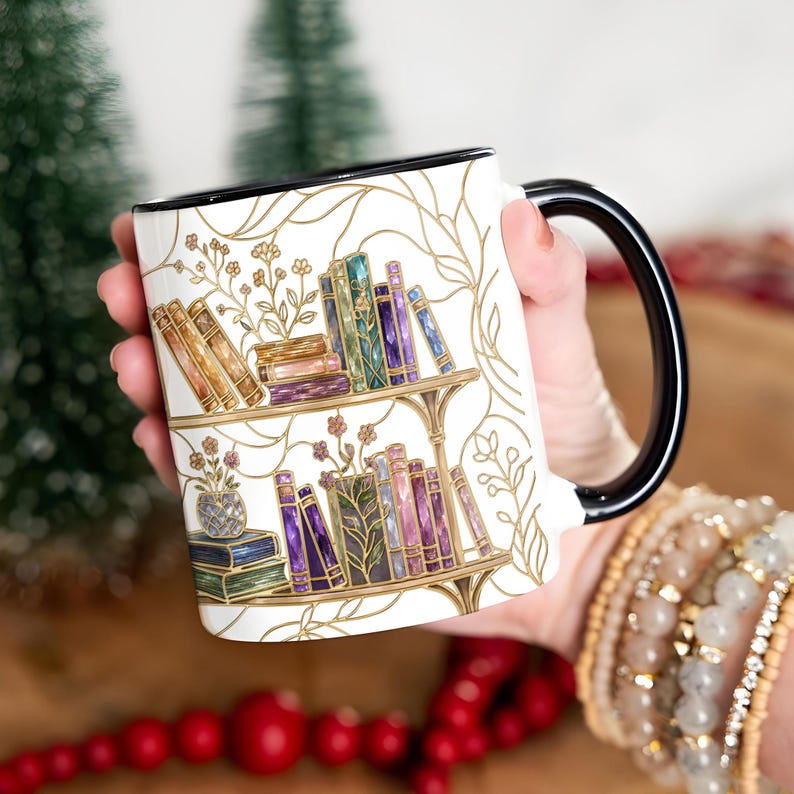 Stained-Glass Style Floral Bookshelf Coffee Mug, Book Lover Mug Gift, Bookish Coffee Mug, Stained Glass Gift, Library Cup