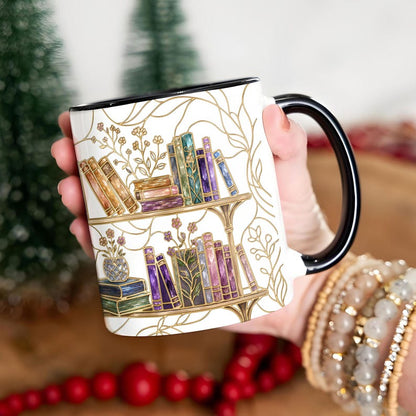Stained-Glass Style Floral Bookshelf Coffee Mug, Book Lover Mug Gift, Bookish Coffee Mug, Stained Glass Gift, Library Cup