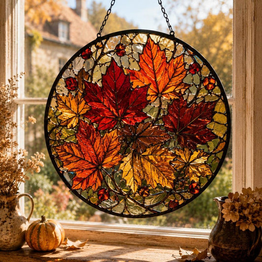 Autumn Leaf Suncatcher for Fall Lovers, Maple Leaf Window Hanging, Stained Glass Style Decor Gift