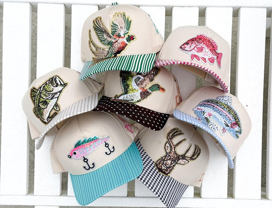 Trucker Hats Pink Blue Sequin Wildlife with Pattern Brims -  Fishing and Hunting Inspired Hats