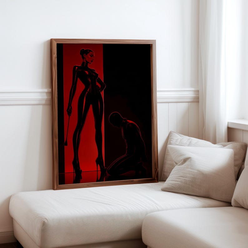 BDSM Femdom Art Print, Red & Black Latex Art, Kinky Fetish Art Wall Decor, Dominatrix Shipped, Bondage Art, Dominant Woman Illustration