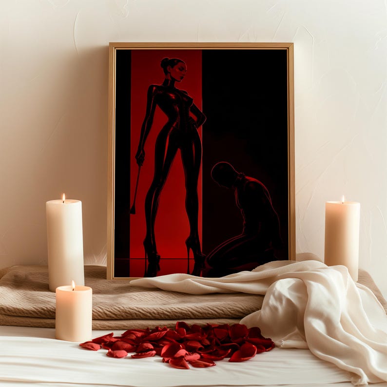 BDSM Femdom Art Print, Red & Black Latex Art, Kinky Fetish Art Wall Decor, Dominatrix Shipped, Bondage Art, Dominant Woman Illustration