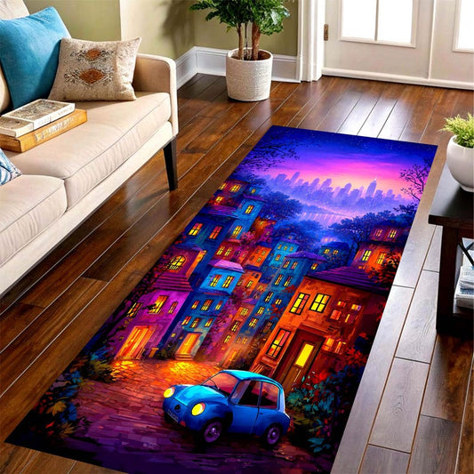 Blue Car Runner Rug: Neon City Street Hallway Carpet, Machine-Washable Non-Slip