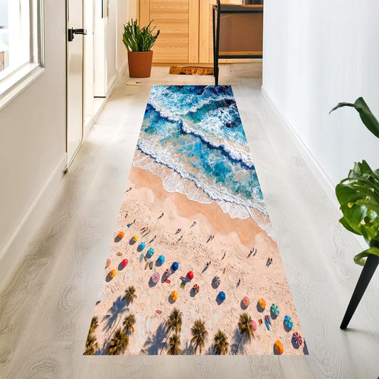 Aerial Beach Runner Rug: Turquoise Ocean Wave Carpet, Machine-Washable Non-Slip