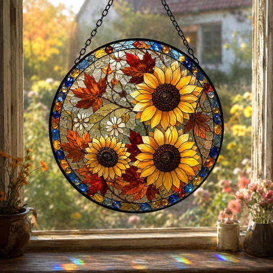 Sunflower Suncatcher, Autumn Window Decor, Fall Stained Glass Style Hanging Ornament, Thanksgiving Gift for Her, Cottagecore Decor