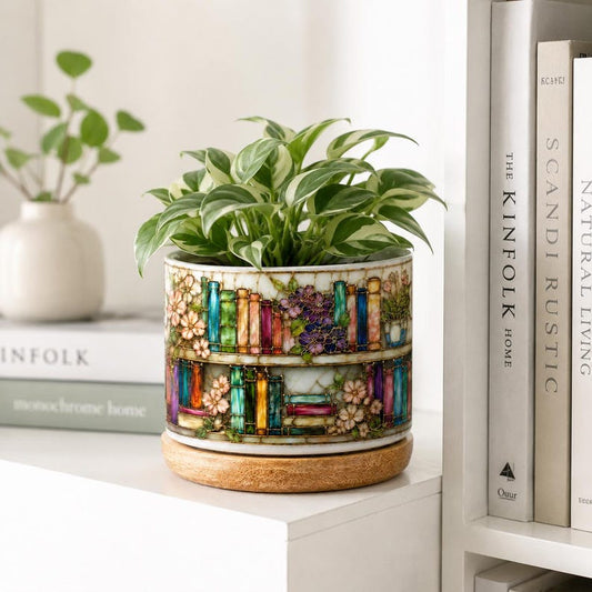 Stained Glass Style Bookshelf Plant Pot, Book Lover Gift, Floral Bookish Gift For Reader, Library Decor, Librarian Bookworm Gift for Reader