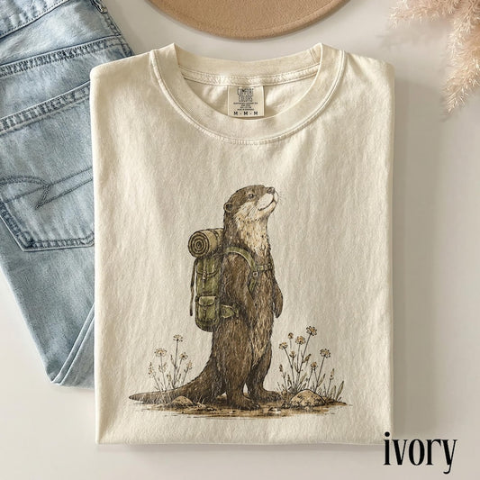 Vintage Hiking Otter Graphic Tee, Retro Cute Woodland Animal Shirt, Funny Outdoor Adventure Top, Comfort Colors® Nature Gift Tee