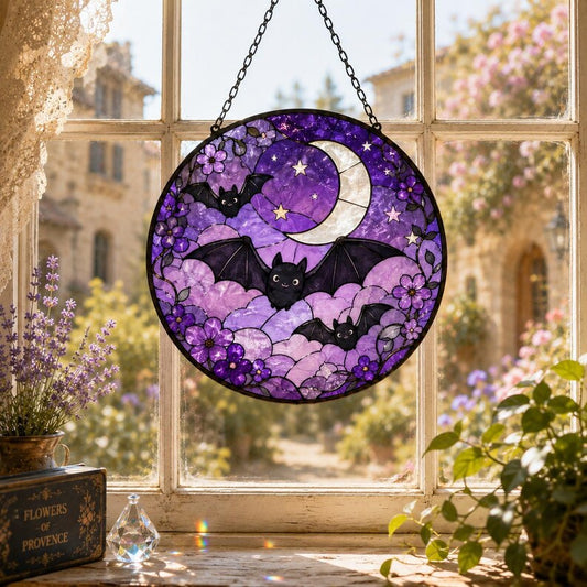 Halloween Bat Suncatcher, Purple Moon Window Hanging, Cute Gothic Decor, Spooky Gift, Stained Glass Style