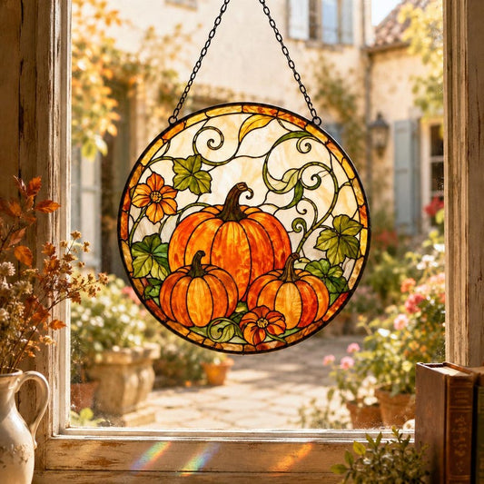 Pumpkin Suncatcher for Fall Lovers, Autumn Window Hanging, Stained Glass Style Decor, Cozy Cottage Gift
