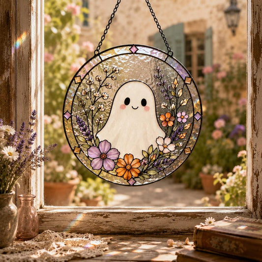 Ghost Suncatcher for Halloween Lovers, Cute Floral Window Hanging, Stained Glass Style Spooky Decor & Fall Gift