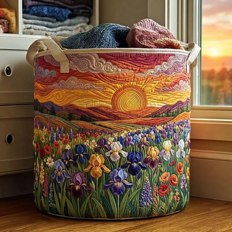 Wild Flower Field Quilted Laundry Basket: Colorful Botanical Hamper, Meadow Floral Storage Bin