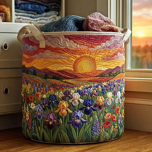 Wild Flower Field Quilted Laundry Basket: Colorful Botanical Hamper, Meadow Floral Storage Bin