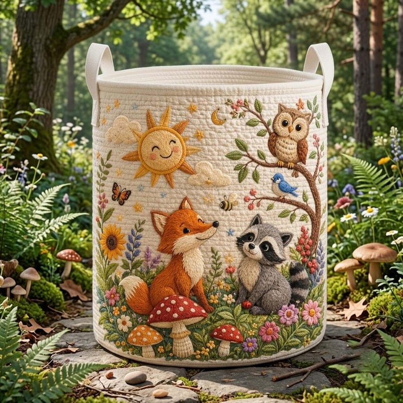 Woodland Animals Quilted Laundry Basket, Flowers Basket: Large Foldable Storage Bin