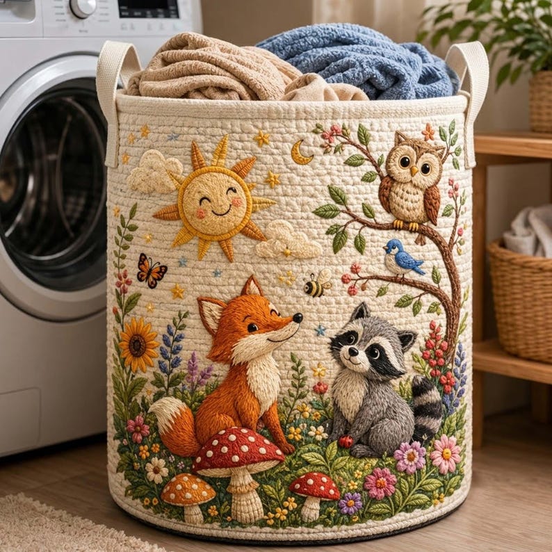 Woodland Animals Quilted Laundry Basket, Flowers Basket: Large Foldable Storage Bin