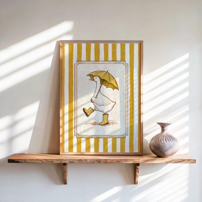 Silly Goose & Umbrella Print, Duck in Rain Boots Poster, Whimsical Girly Wall Art, Cute Striped Animal Panel, Funny Nursery Bathroom Decor