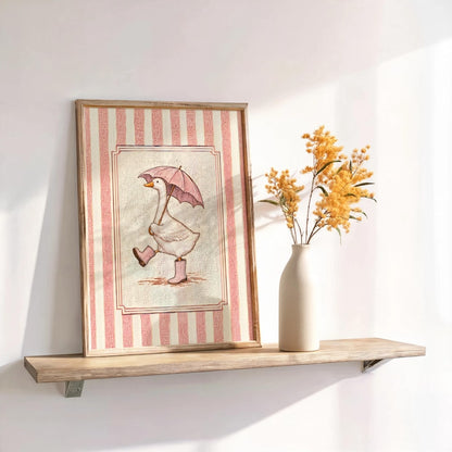 Silly Goose & Umbrella Print, Duck in Rain Boots Poster, Whimsical Girly Wall Art, Cute Striped Animal Panel, Funny Nursery Bathroom Decor
