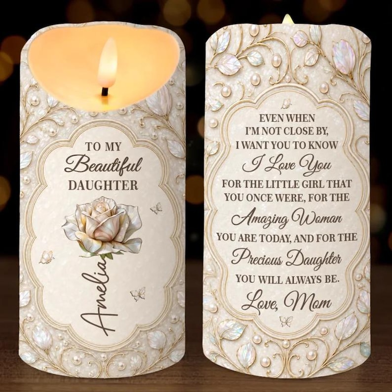 Personalized Daughter Candle, Custom Name White Rose Keepsake Gift From Mom, Love You Daughter