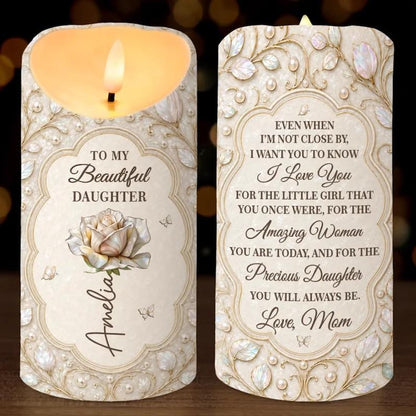 Personalized Daughter Candle, Custom Name White Rose Keepsake Gift From Mom, Love You Daughter