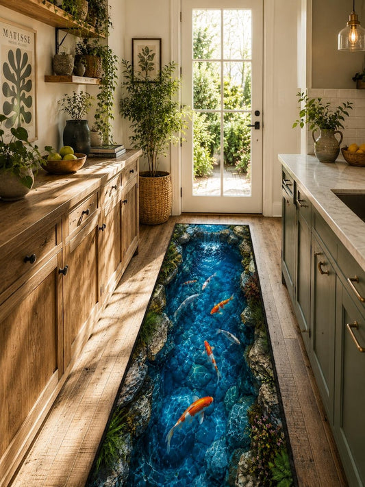 3D Waterfall Koi Fish Runner Rug, Optical Illusion Landscaper