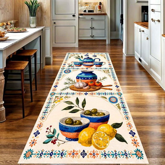 Mediterranean Kitchen Runner Rug: Olive Lemon Teapot Floral Hallway Carpet, Non-Slip Machine-Washable