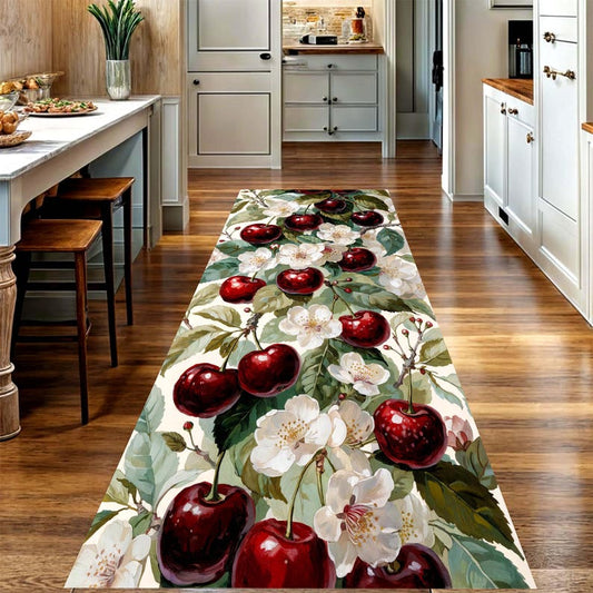 Cherry Blossom Runner Rug: Red Cherry Kitchen Hallway Carpet, Non-Slip Machine-Washable