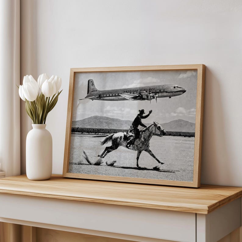 Vintage Cowboy Print, American Airlines Wall Art, 1950s Airplane Photo Poster, Black and White Western Decor, Mid Century Horseback Canvas