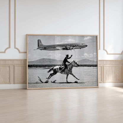 Vintage Cowboy Print, American Airlines Wall Art, 1950s Airplane Photo Poster, Black and White Western Decor, Mid Century Horseback Canvas