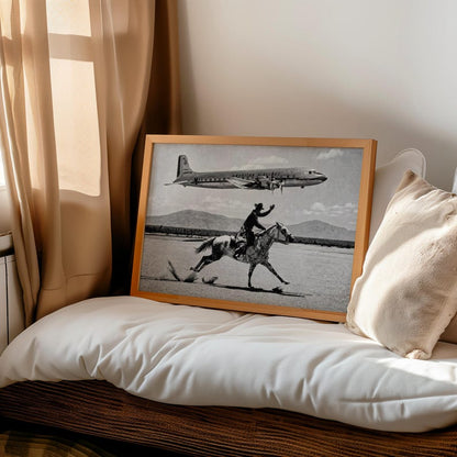 Vintage Cowboy Print, American Airlines Wall Art, 1950s Airplane Photo Poster, Black and White Western Decor, Mid Century Horseback Canvas